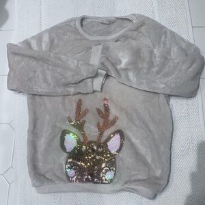 H&M Girls Plush Reindeer Sequin Sweatshirt Holiday Pullover Cream Size 8-10